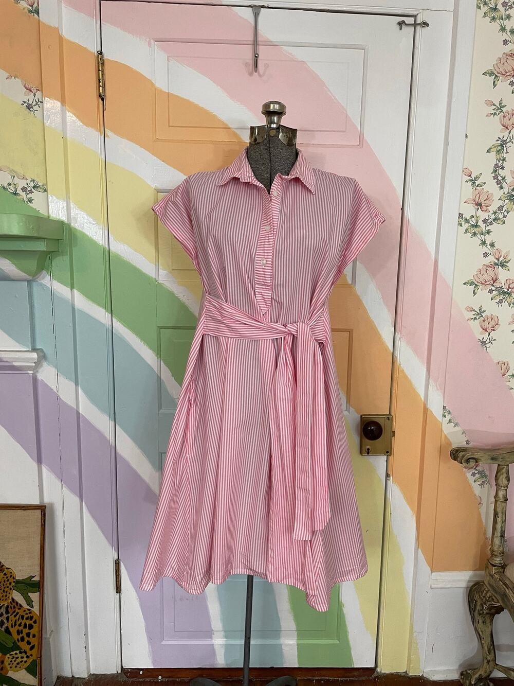 Lenora Pink White Stripe Cotton Belted Shirt Dress Pockets Women's S
